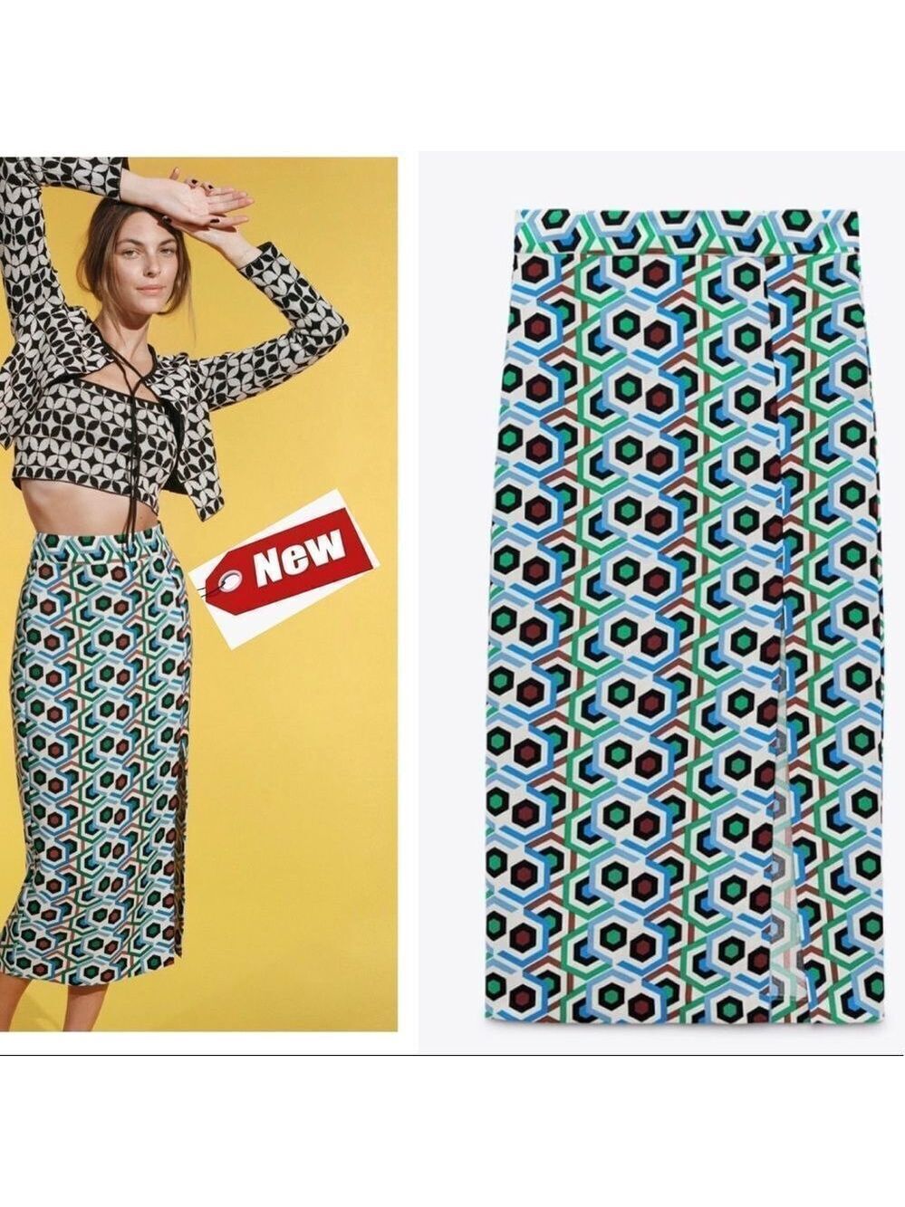 𝅺ZARA geometric pencil skirt blue green Sz XL NWT High waist front slit